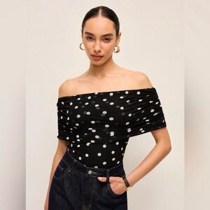 Commense Black and White Polka Dot Off-Shoulder Bodysuit